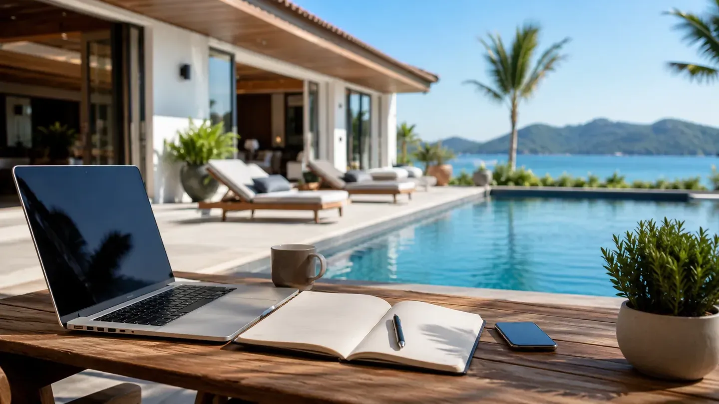 Laptop i bilježnica uz bazen vile kao simbol planiranja cijena i prihoda turističkog smještaja.